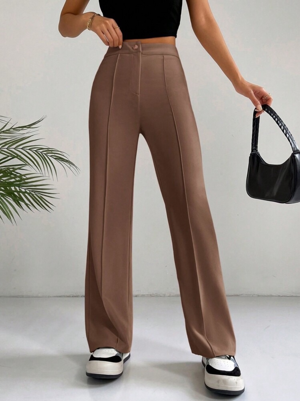 SHEIN EZWear Wide Leg Trouser Pants Brown High Waist Size M